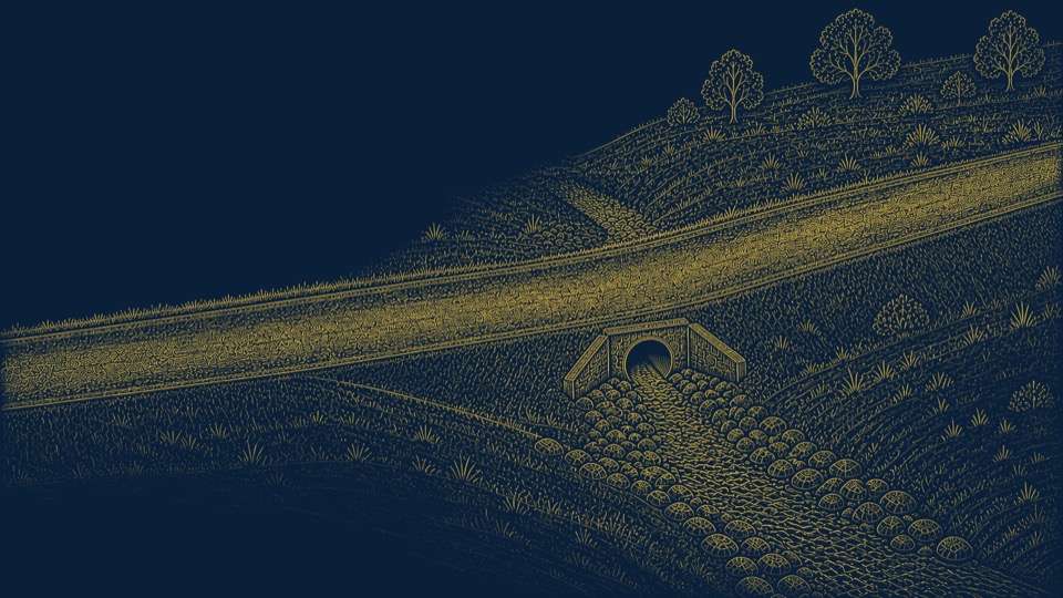 Ilustración conceptual de camino rural granular con salida de drenaje transversal