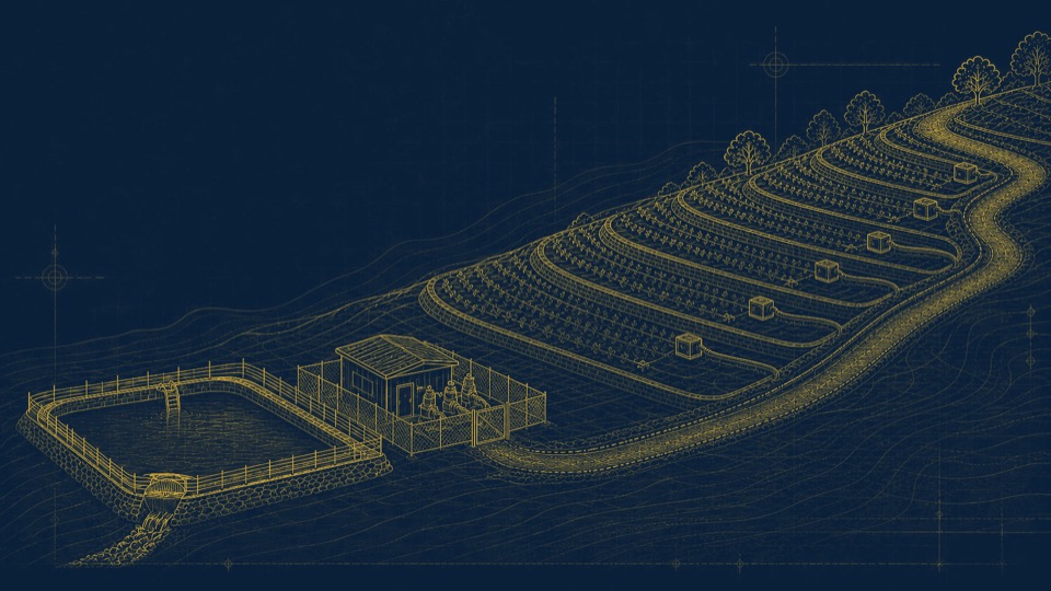 Ilustración conceptual de balsa y red de regadío